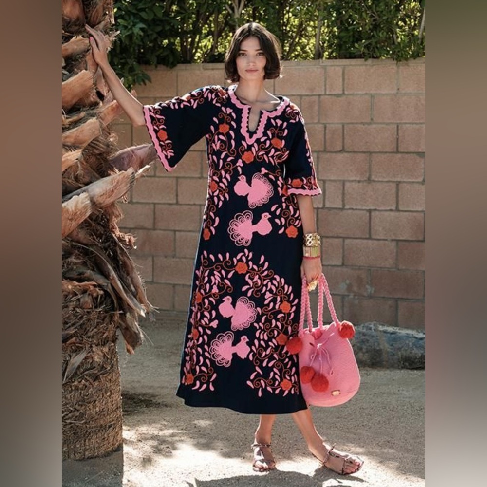NWT Frances Valentine Size 8 Peacock Caftan Navy Blue, Orange, Pink